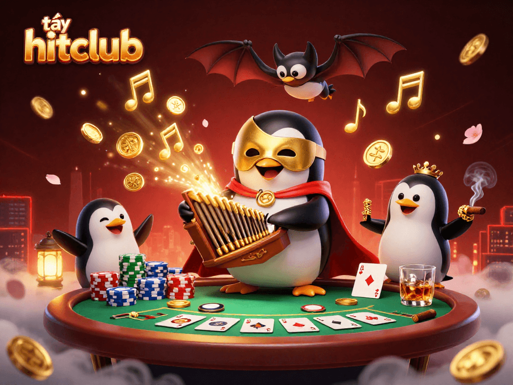 Play exciting games at tải hitclub with a dynamic casino scene featuring a penguin and poker elements.