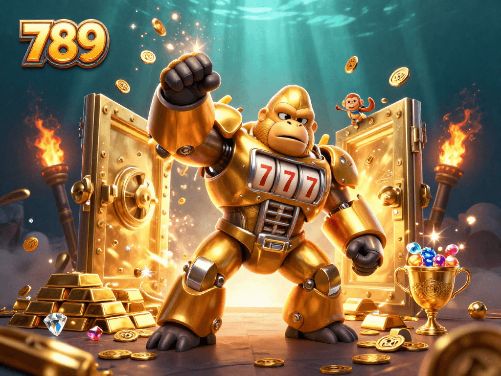 Experience thrilling 789 gaming action with a 3D golden gorilla mech amidst gold treasures.