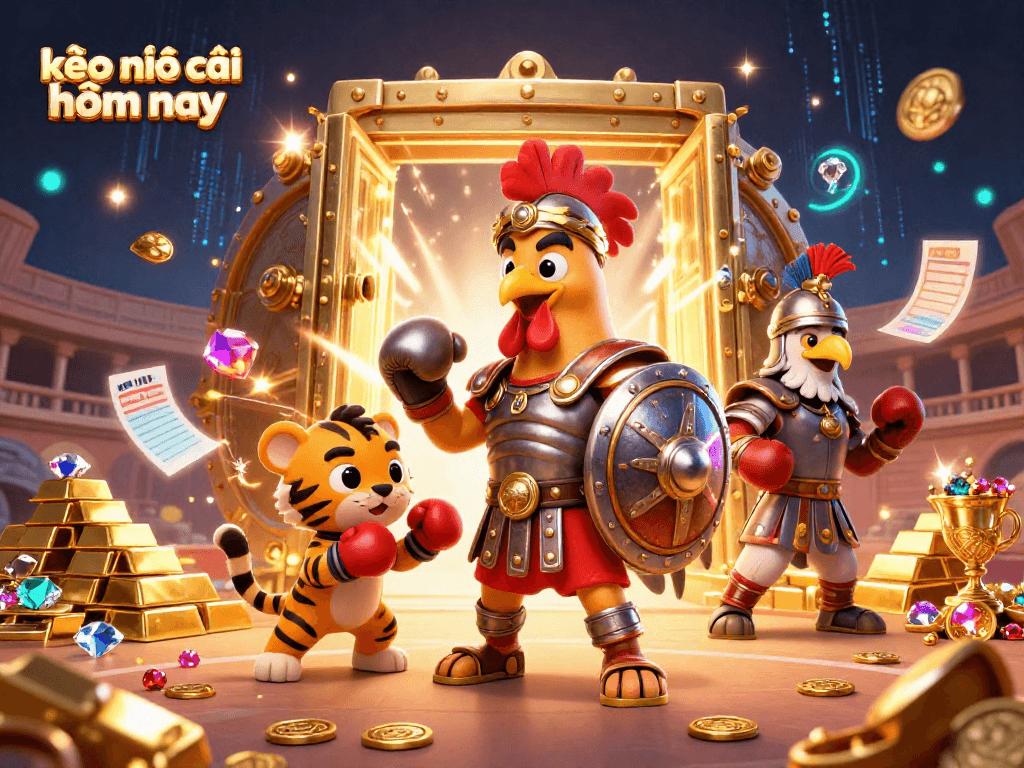 Win big with kèo nhà cái hôm nay featuring a vibrant 3D illustration of a rooster and tiger in a thrilling gambling arena.