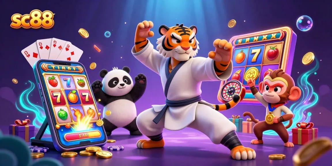 Win at sc88 with a kung fu tiger mastering slots amidst golden coins and vibrant game elements.