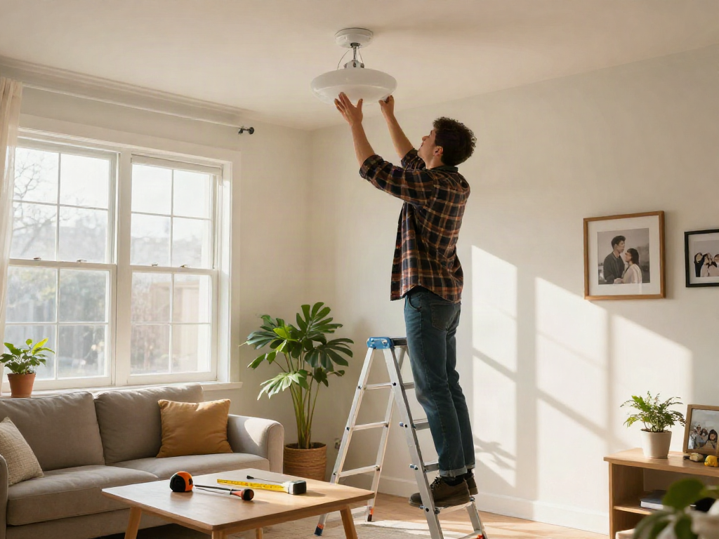 Professional home repair services Des Moines Iowa, handyman installing a light fixture in a cozy living room.