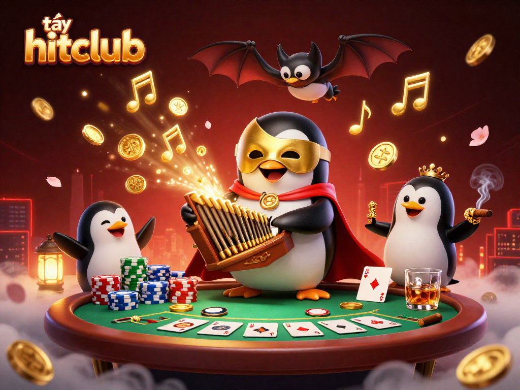 Play exciting games at tải hitclub with a dynamic casino scene featuring a penguin and poker elements.