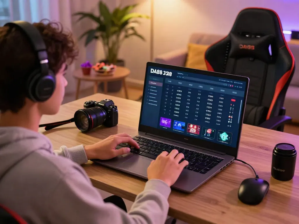 Engaged user exploring DA88 online gaming on laptop in cozy living room.