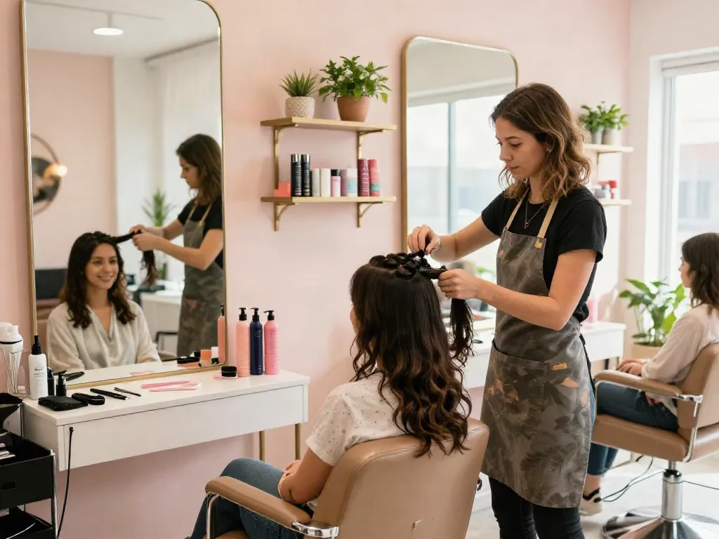 Sew in hair extensions applied in a professional beauty salon with bright lighting and stylish decor.