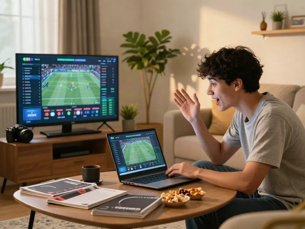Engaged user betting online at https://gem88.jpn.com/ in a cozy living room filled with gaming excitement.