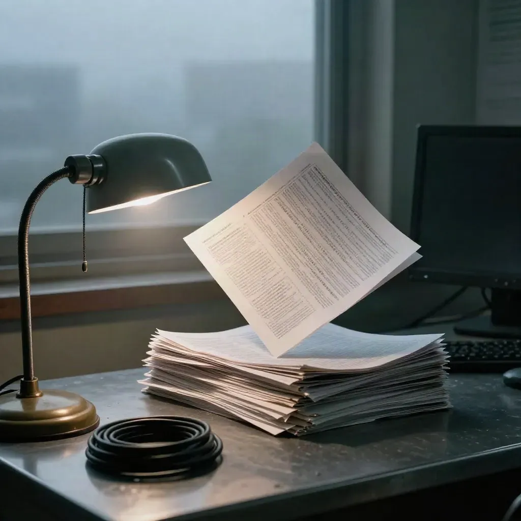 Folded wire-service papers, broadcast microphone and desk lamp in a moody pre-dawn newsroom.
