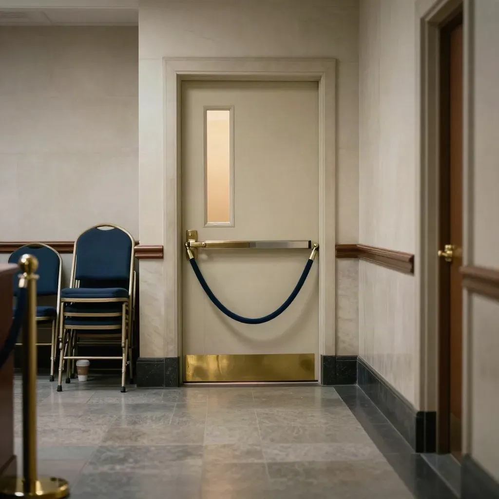 Empty Capitol corridor with a closed committee door, chairs, cups, and rope after midnight talks.