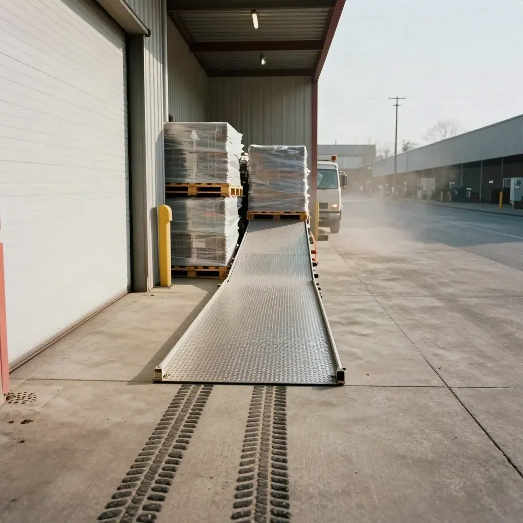 Warehouse dock with wrapped pallets, closed roll-up door, tire tracks and fading truck light.