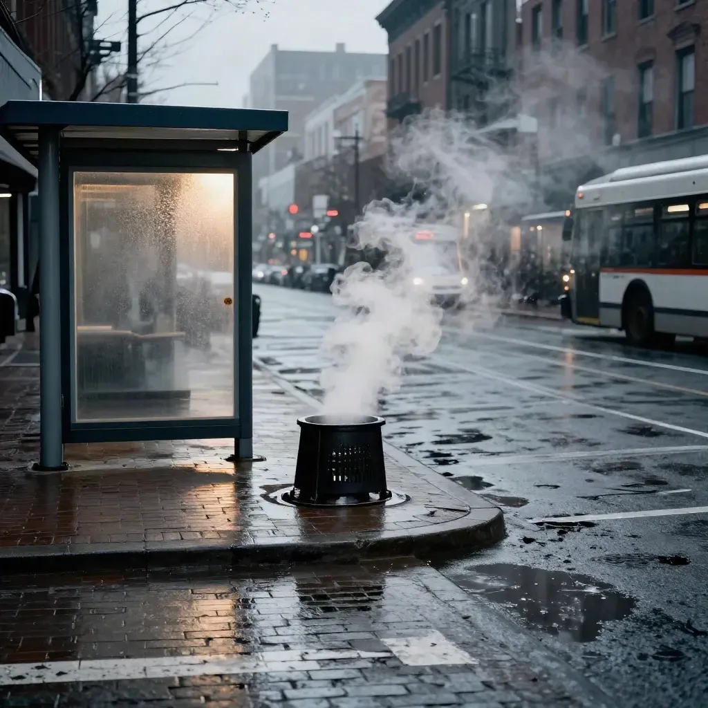 Steam rising over a slushy downtown corner at dawn beside a transit shelter.