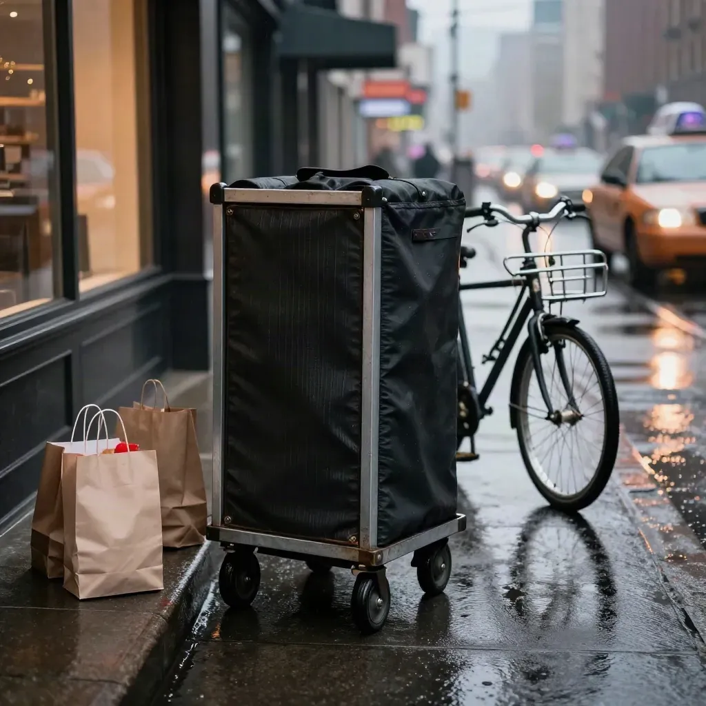 Wet Manhattan curb with vendor carts, patrol bike, and taxi reflections under warm night light
