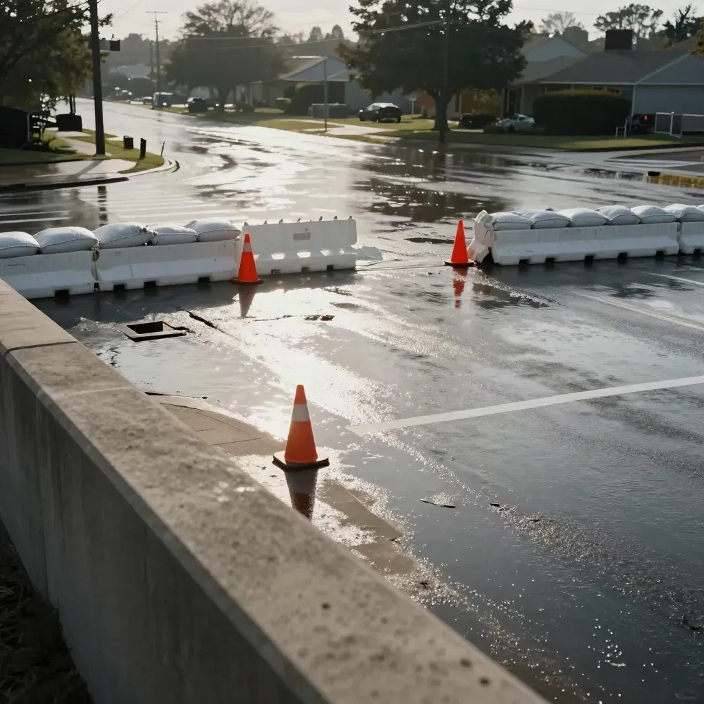 Flooded intersection with cones, sandbags, barrier panels, and a half-submerged marker