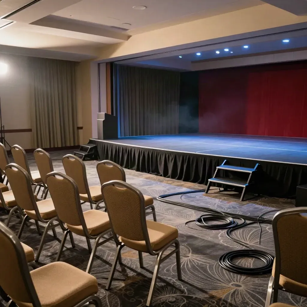 Empty hotel ballroom debate setup with stacked chairs, blue stage edge, cables, and hazy raking light.