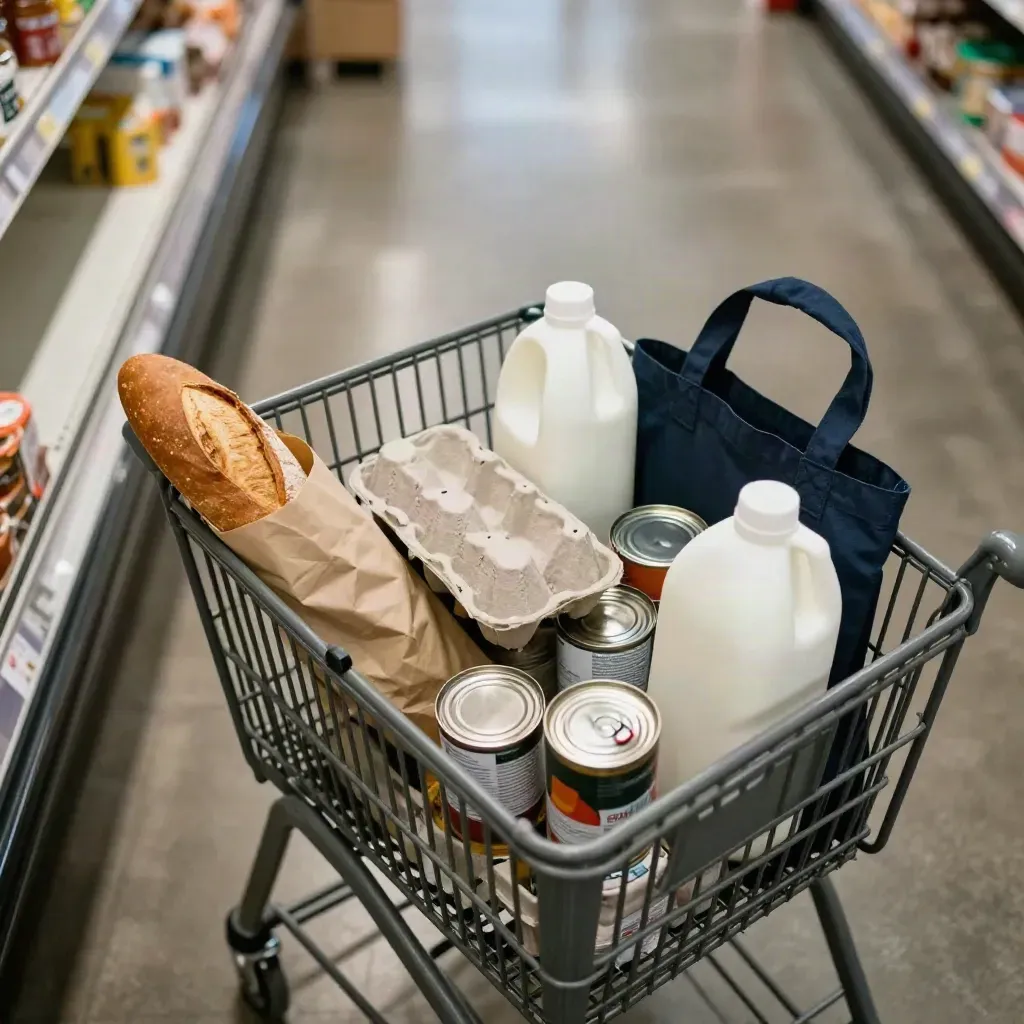 Top-down grocery cart with milk, bread, eggs and cans beside a sparse store shelf.