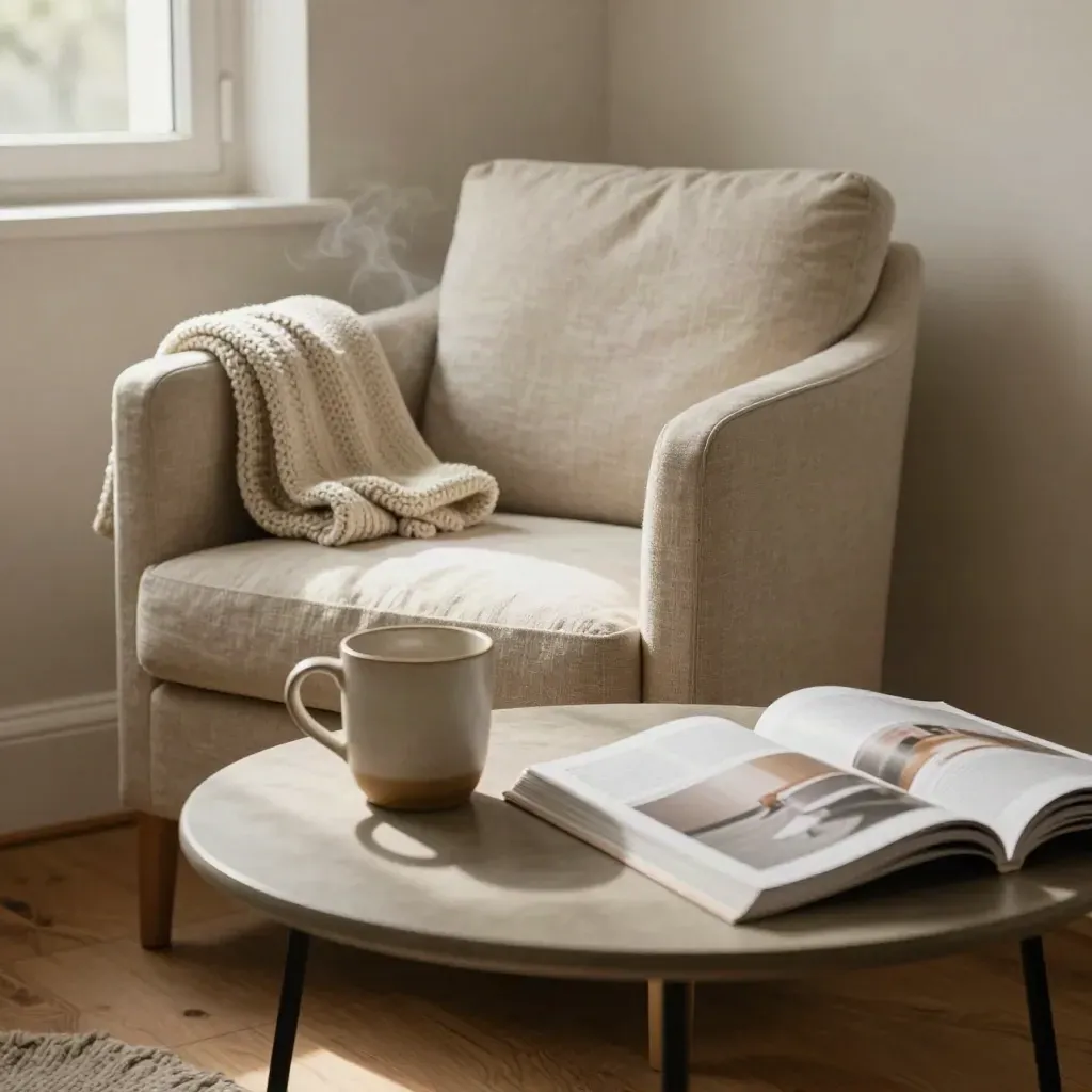 Sunlit breakfast nook with an armchair, knit throw, mug and face-down magazine.