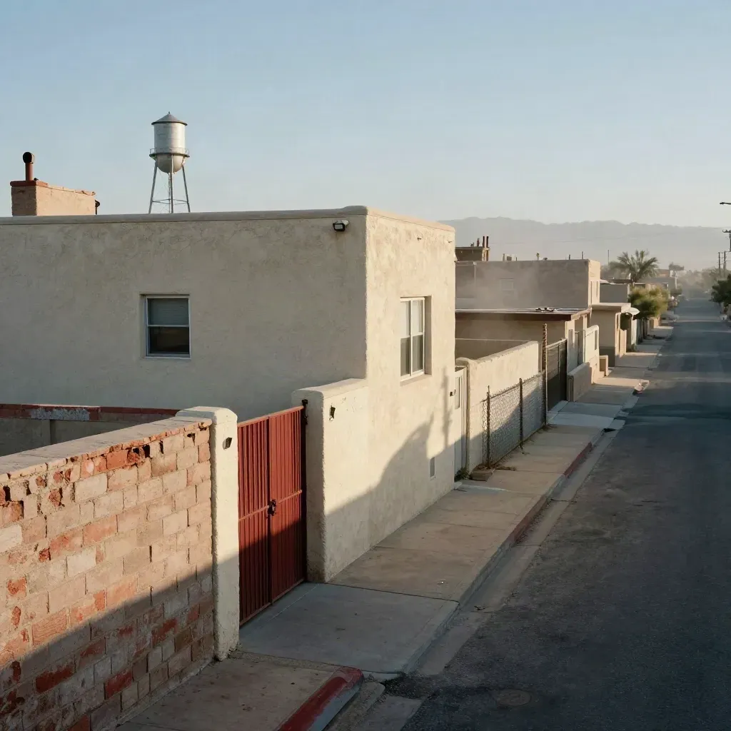 Rooftop view of stucco homes, chain-link shadows, dusty street, and a distant water tower.