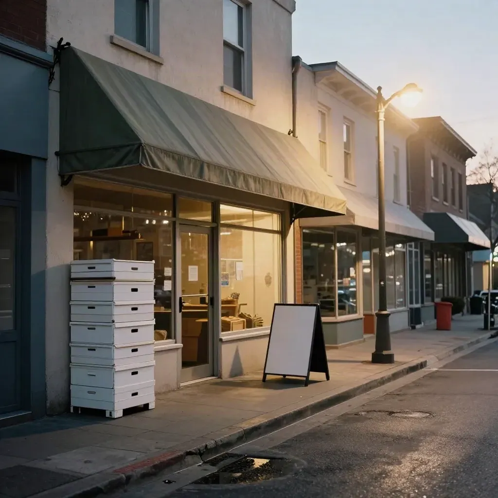 Urban main street storefronts, crates, awnings, and streetlamp in evening haze
