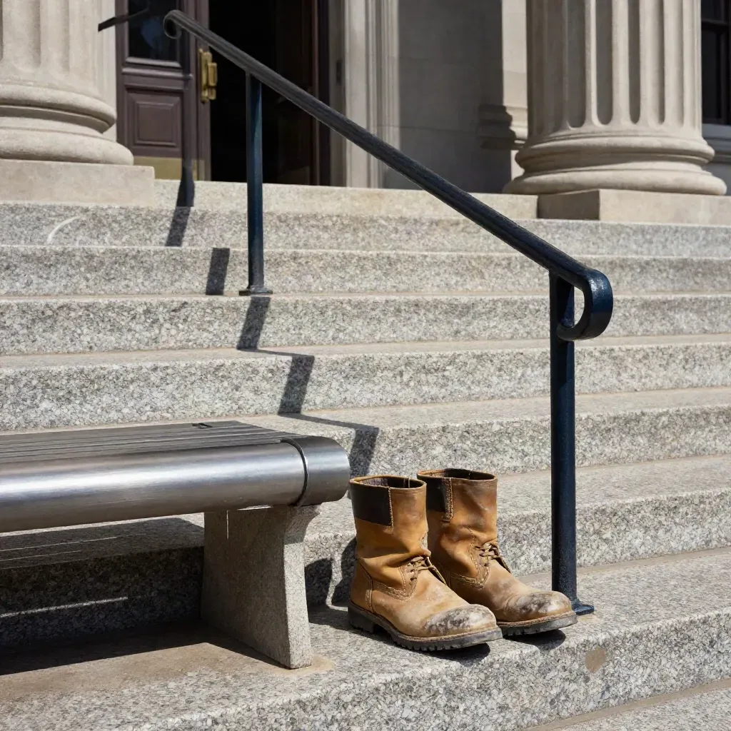 Courthouse steps, steel bench, and worn work boots in hard noon light