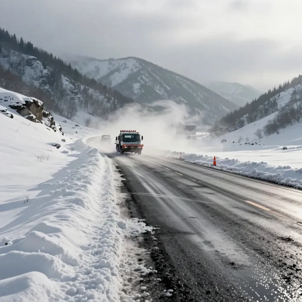 Snowy mountain highway reopening after a storm, with tow truck, cones, and wet reflective lanes