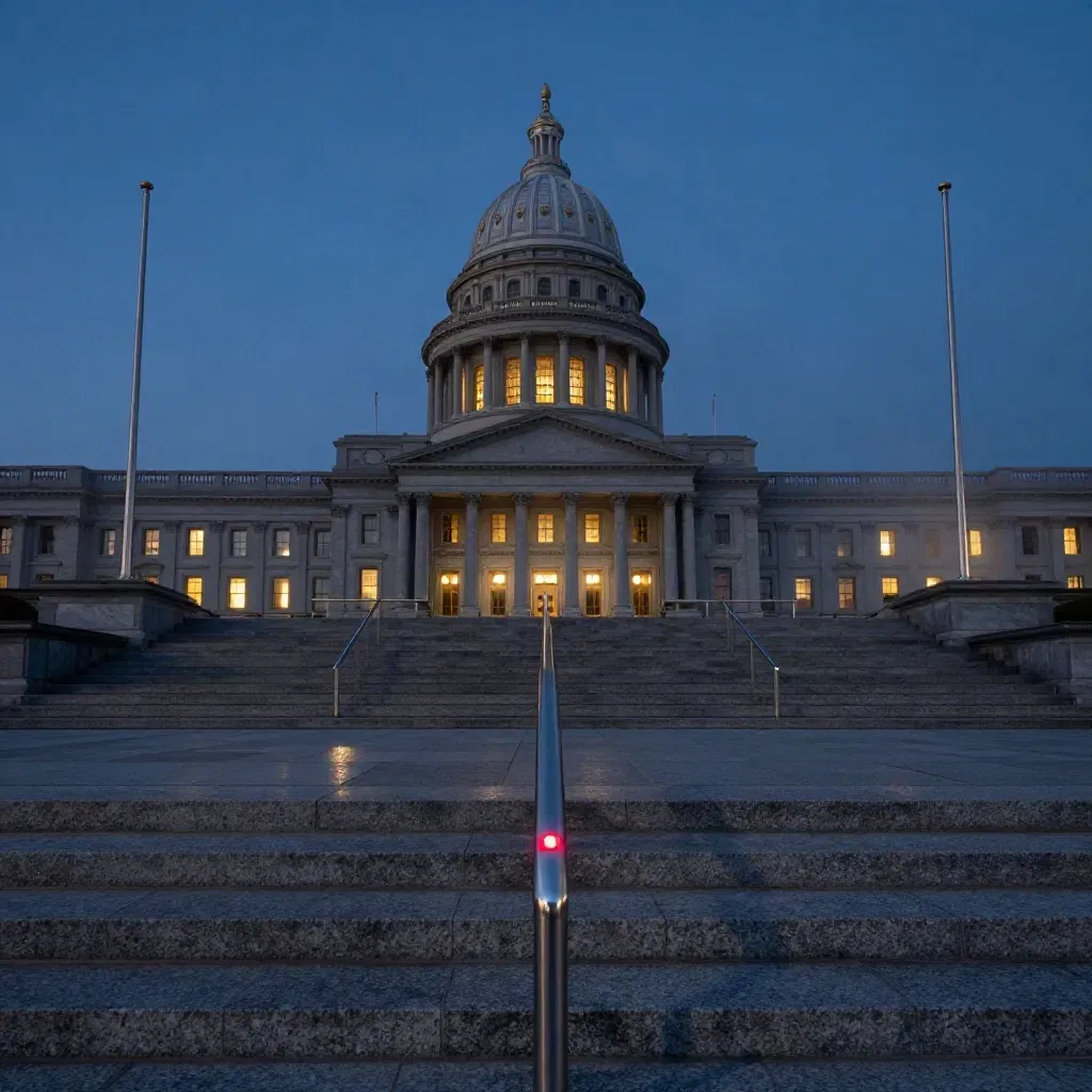 Blue-hour state capitol dome over empty steps, barriers, and flags in cool mist.