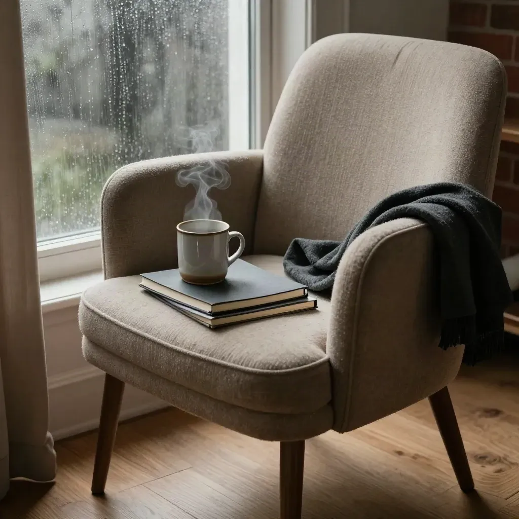 Rainy reading chair with mug, throw, and notebooks beside a window