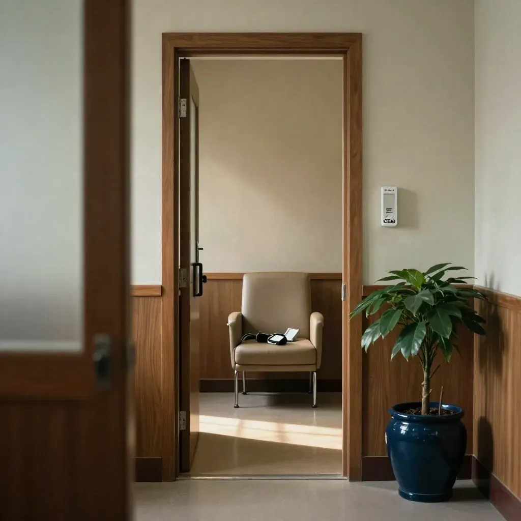 Quiet clinic entrance with cuff-draped chair, sanitizer stand, and plant in late-afternoon light.