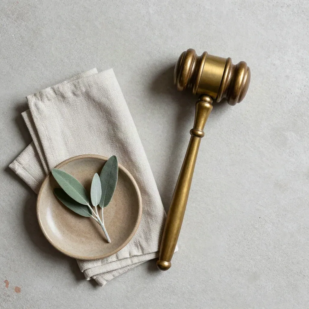 Brass gavel with linen, ceramic dish, and greenery on pale concrete