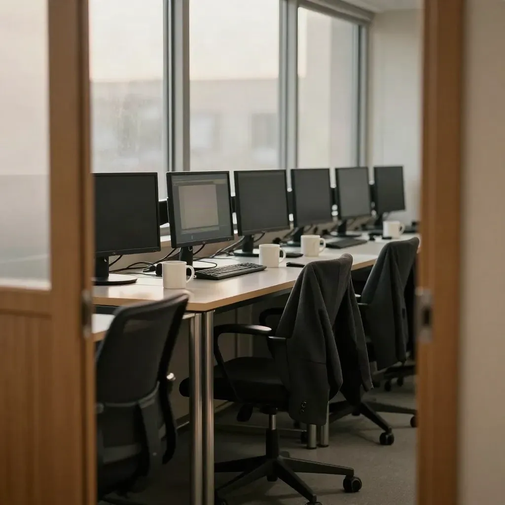 Empty newsroom at dawn with glowing monitors, stacked mugs, and jackets on chairs