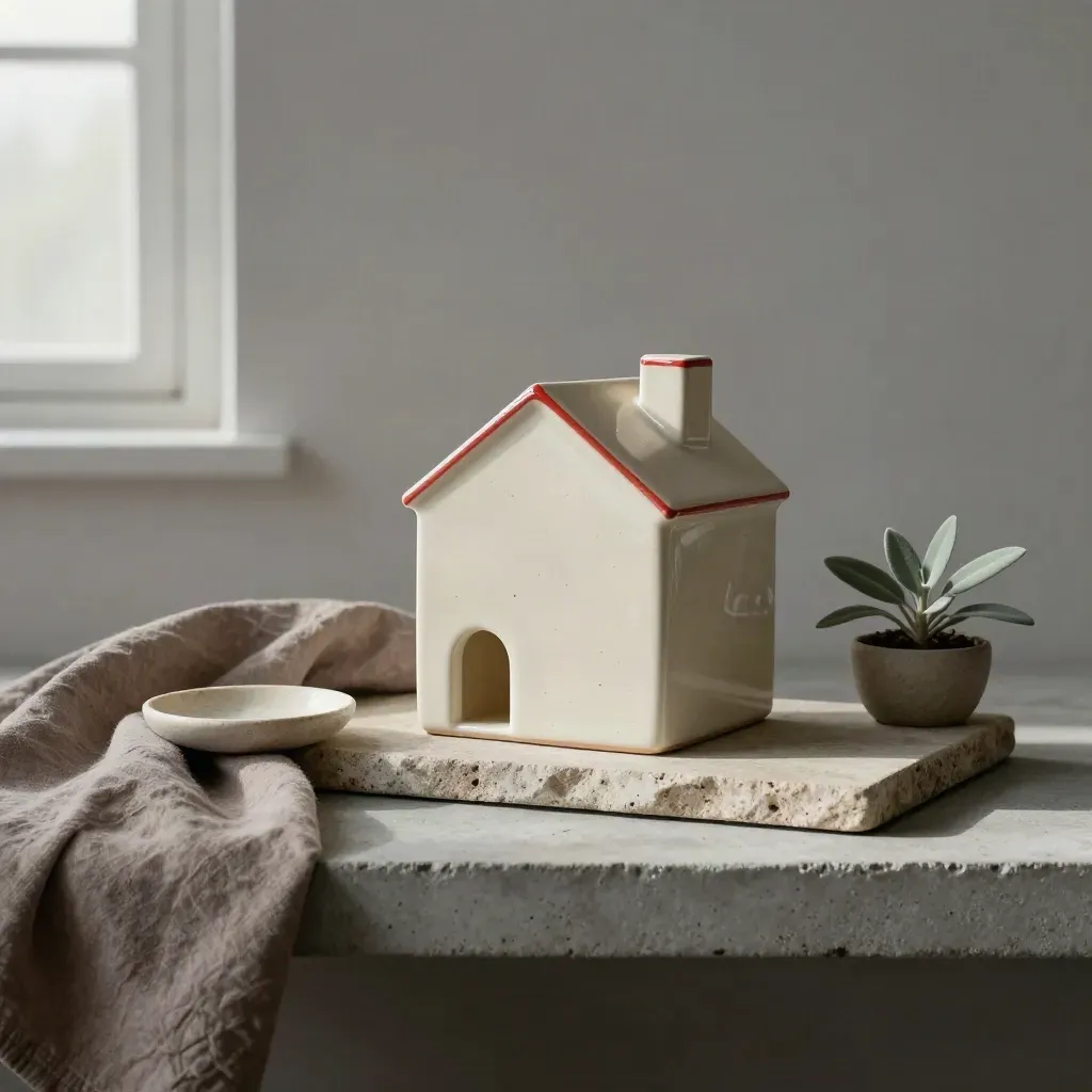 Ceramic house paperweight, taupe cloth, dish, and potted plant on a stone shelf in soft light.