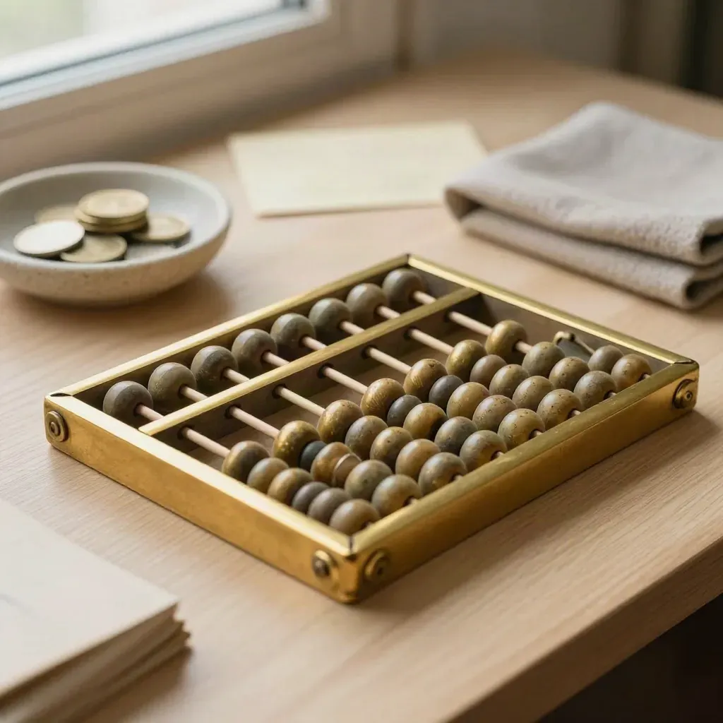 Brass abacus with coins, stone dish and wool cloth on a pale wood desk