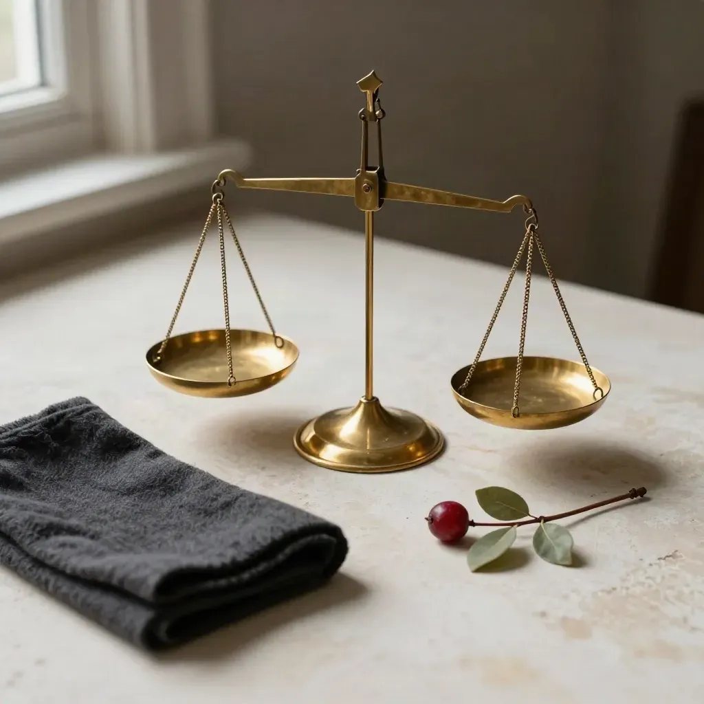 Brass scales with dish, folded cloth and leafy stem on pale plaster