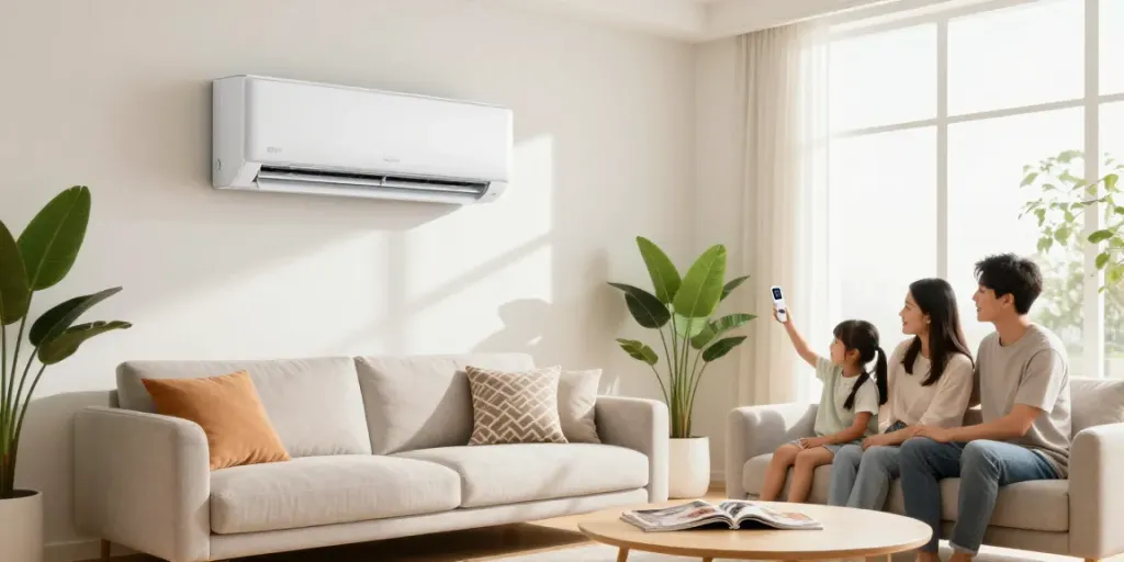 Modern living room with stylish 18000 BTU mini split for efficient cooling.