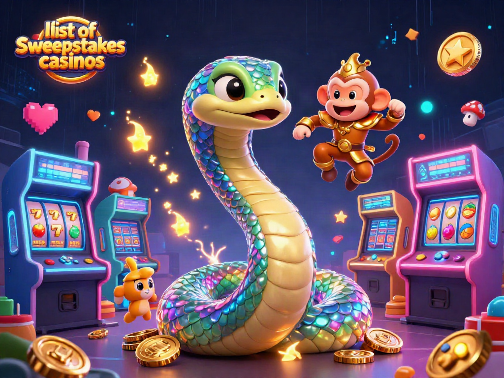 Engage with the list of sweepstakes casinos in a vibrant 3D scene showcasing gaming elements.