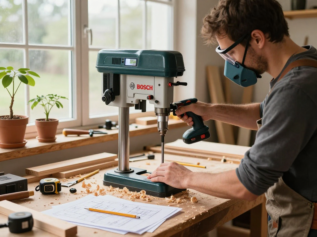 Craftsman using Bosch PBD 40 bench drill press in a bright woodworking workshop.