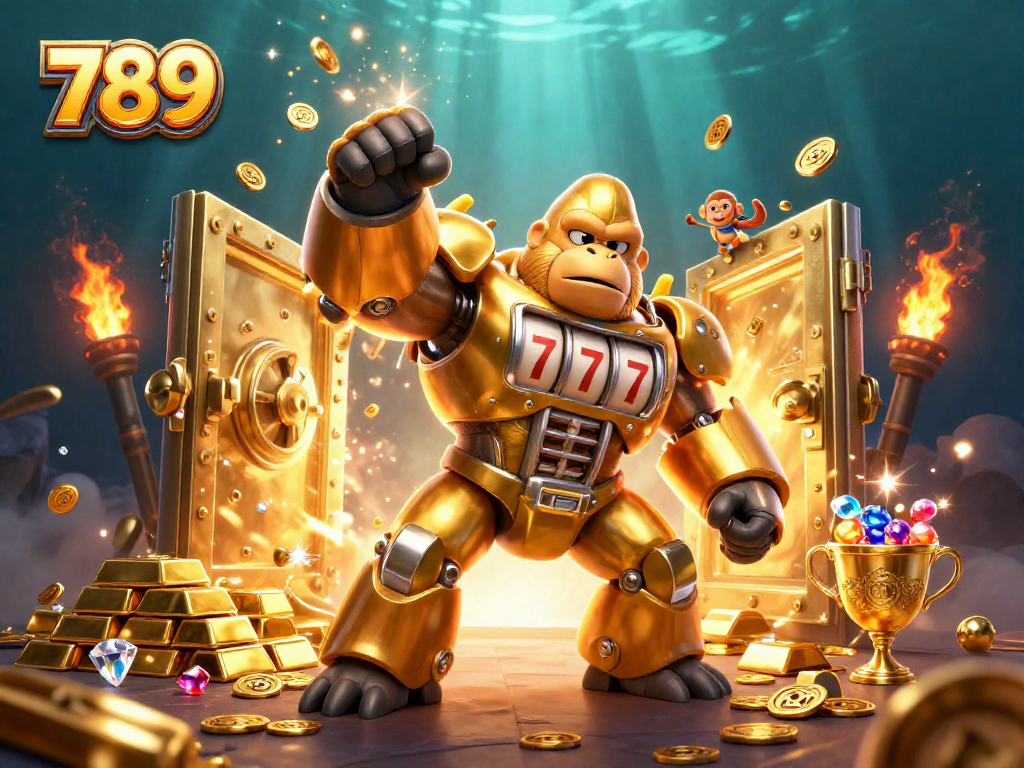 Experience thrilling 789 gaming action with a 3D golden gorilla mech amidst gold treasures.
