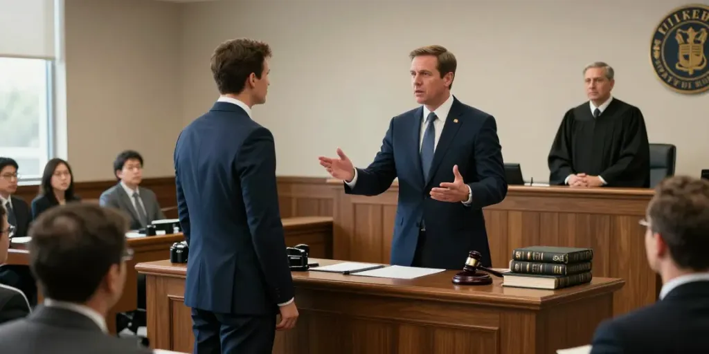 Experienced criminal defense attorney Larry Kohn passionately representing a client in a DUI case in a packed courtroom.