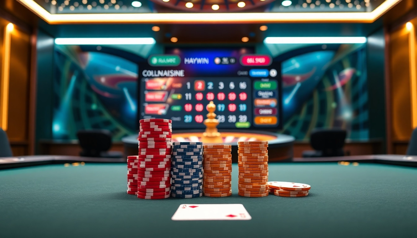 Engage in thrilling gameplay at NHÀ CÁI HAYWIN with vibrant casino visuals featuring poker chips and cards.