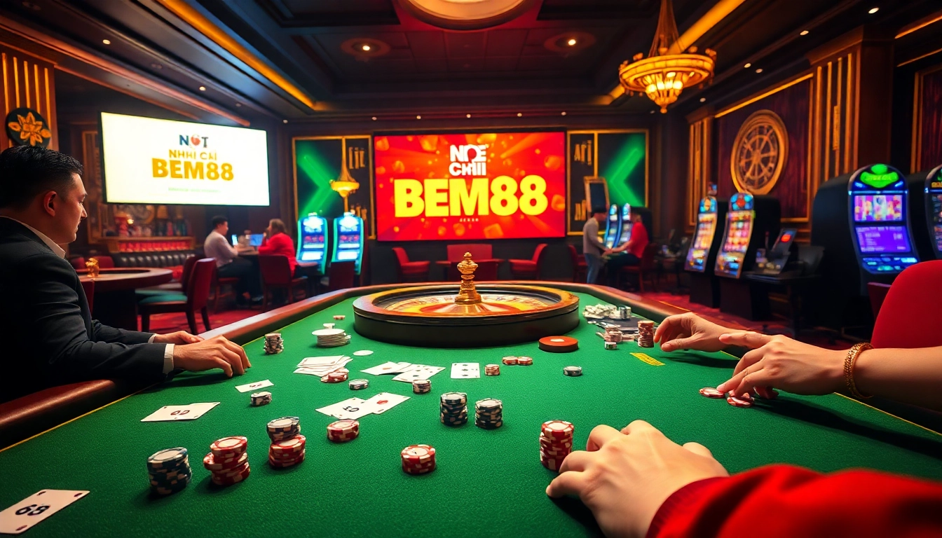 Experience winning moments at NHÀ CÁI BEM88 with a luxurious casino setup featuring vibrant tables and enthusiastic players.