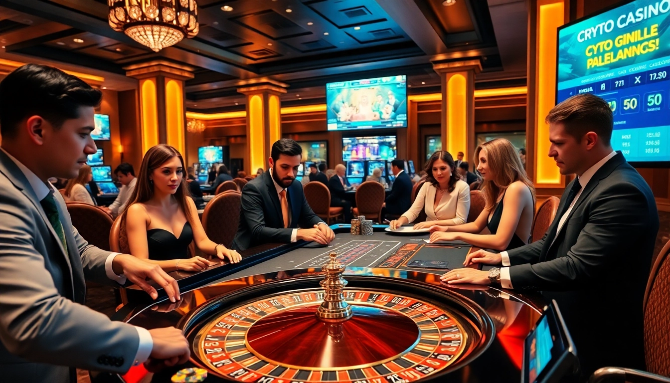 Exciting gameplay at crypto online casinos with roulette and poker tables in a luxurious environment.
