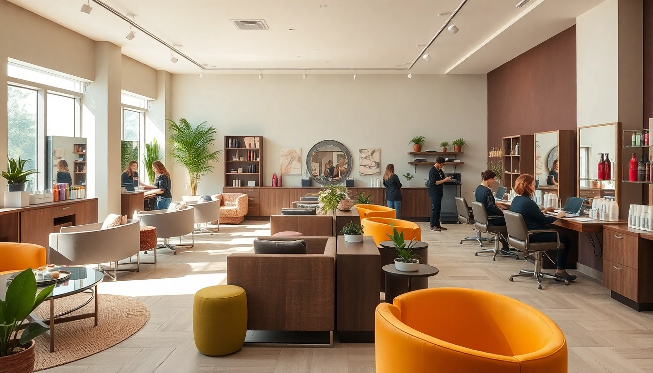 Beautiful interior of a hair salon San Diego, showcasing skilled stylists and eco-friendly decor.