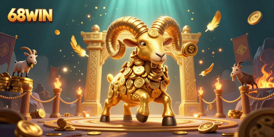 68WIN showcases an adventurous scene with a golden ram charging at a gate amidst coins and flames in a casino setting.