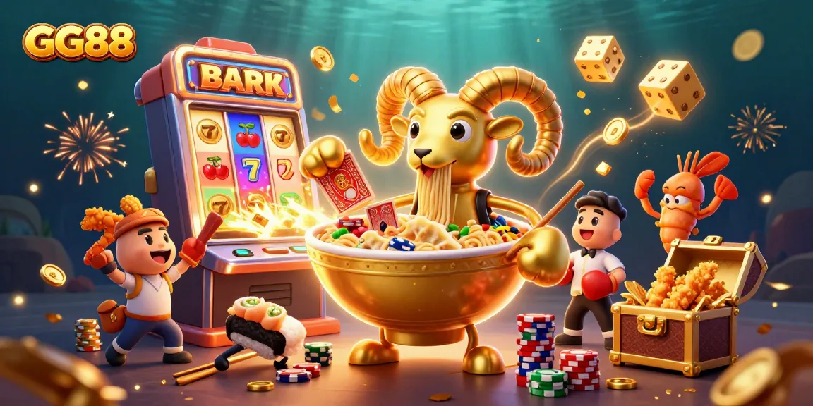 Win big at GG88 with an energetic casino scene featuring a ramen bowl dealer, sushi roll dealer, and vibrant slot machine elements.