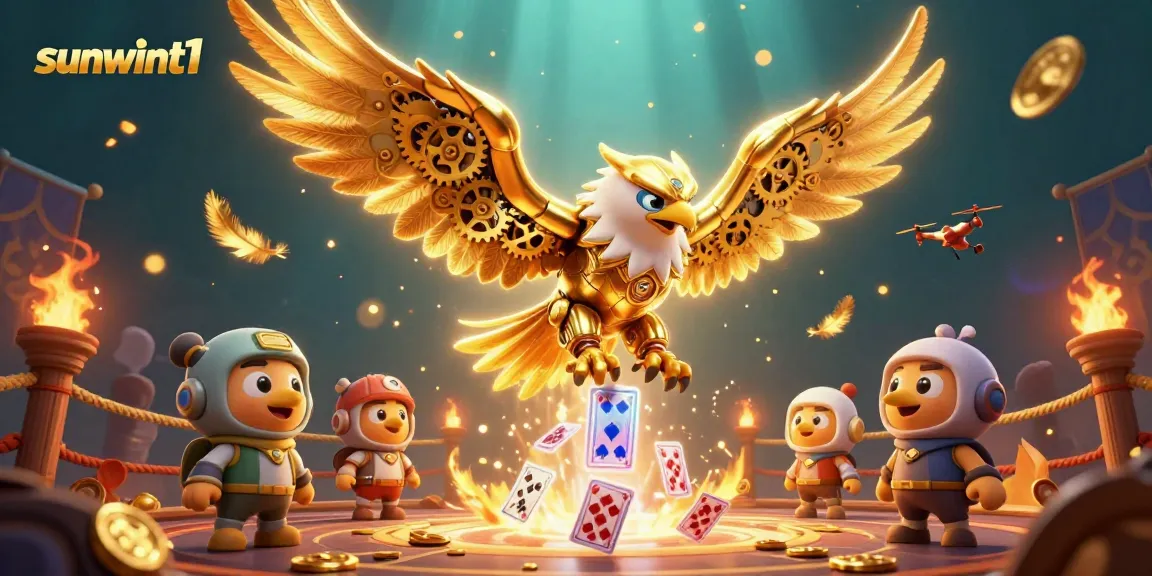 Engage in intense gaming action with sunwint1 featuring a golden eagle and holographic playing cards.