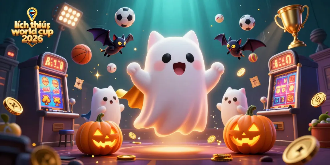 Engage with lịch thi đấu world cup 2026 through a dynamic 3D casino illustration showcasing a ghost cat, sports elements, and more.
