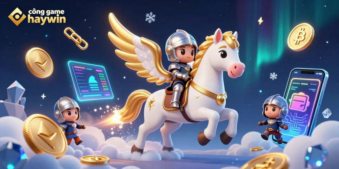 Experience the thrill of cổng game haywin with a dynamic 3D casino scene of a celestial horse and knight.